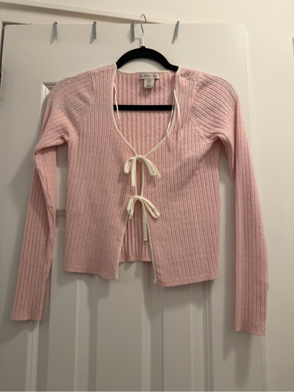 Sincerely Jules Pale Pink Ribbed Knit Top with Cream Trim
